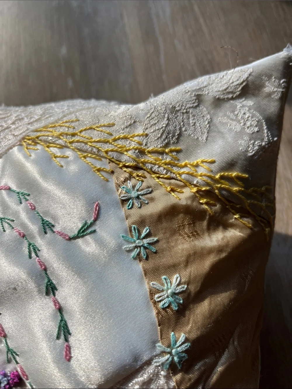 Embroidered Vintage Patchwork Decorative Pillow - Cream, Gold, Pink